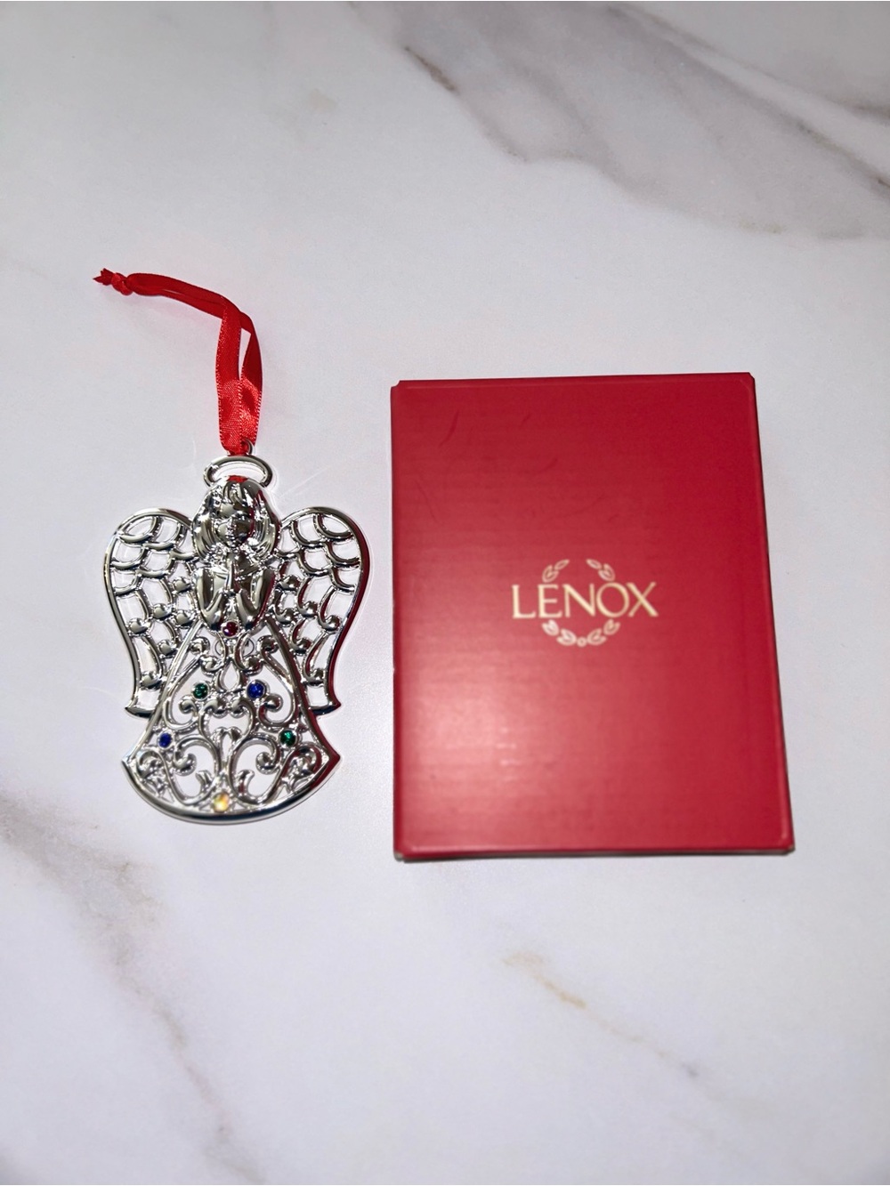 Lenox Silver Angel Ornament with Red Ribbon and Multicolored Gems